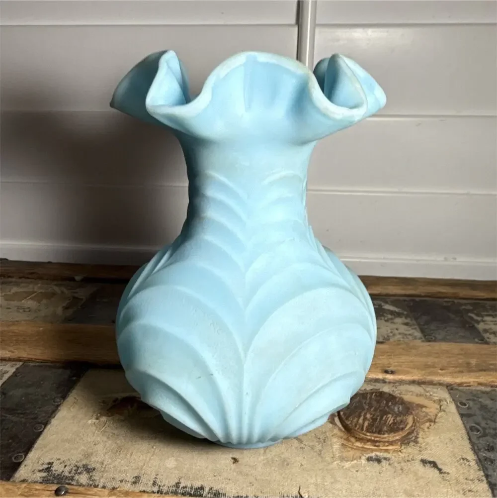 Light Blue Ribbed Glass Vase with Ruffled Flared Rim, Decorative